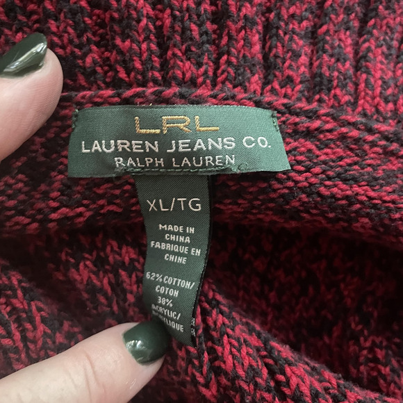 Vtg Y2K Lauren Ralph Lauren Sweater Women XL Red Black Cowl Neck Marled Pullover - Picture 4 of 14